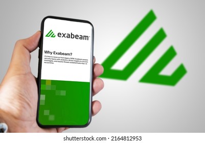 San Francisco, USA, June 2022: Hand Holding A Phone With Exabeam Mobile Application On Screen. Exabeam Is A Leading Provider Of The Software For Analyzing User And Company Behavior