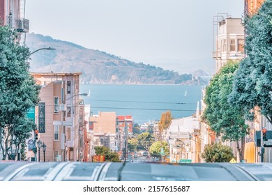 SAN FRANCISCO, USA - OCTOBER 16, 2021, historic skyline, panoramic street view, overlooking San Francisco Bay.