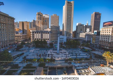 SAN FRANCISCO / USA - September 19, 2018 - Union Square In San Francisco Viewed From Above In The Afternoon With People Walking Around And The Buildings Around It