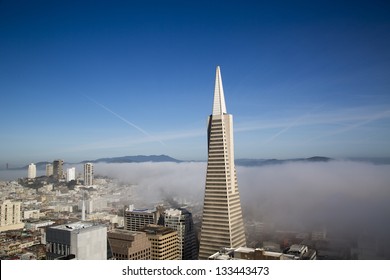 SAN FRANCISCO,CA - MARCH 29:Areal view on Transamerica pyramid and city of San Francisco covered by dense fog  on March 29, 2013. The Transamerica Pyramid is the tallest skyscraper in San Francisco