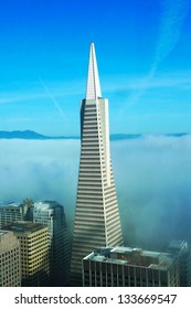 SAN FRANCISCO,CA - MARCH 29:Areal view on Transamerica pyramid and city of San Francisco covered by dense fog on March 29, 2013. The Transamerica Pyramid is the tallest skyscraper in San Francisco