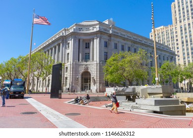 SAN FRANCISCO,CA,USA - APRIL 20, 2018 : The Beautiful Architecture Of Civic Center And UN Plaza With Blue Sky In San Francisco,CA On April 20,2018.