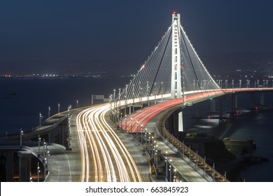 San Francisco-Oakland Bay Bridge Eastern Span at Night. Treasure Island, San Francisco, California, USA.