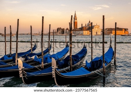 The San Giorgio Maggiore Basilica on a small island in front of San Marco.
Built in 1566 by Palladio. The Gondolas are parket waiting to the next wonderful trips in this magic city.