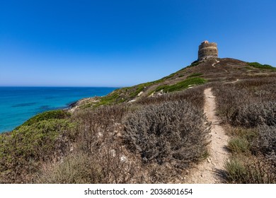 San Giovanni coastal tower in protected marine area of the Sinis Peninsula. San Giovanni in Sinis, Cabras, Oristano, Sardinia, Italy