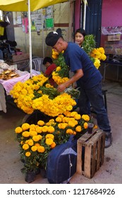 San Gregorio Atlapulco, Mexico/Mexico--October 31, 2018. Street Vendors Selling Cempasuchil (marigolds), Day Of The Dead Flowers (Flor De Muerto).