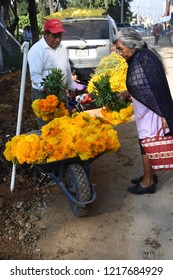 San Gregorio Atlapulco, Mexico/Mexico--October 31, 2018. Street Vendors Selling Cempasuchil (marigolds), Day Of The Dead Flowers (Flor De Muerto).