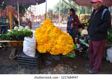 San Gregorio Atlapulco, Mexico/Mexico--October 31, 2018. Street Vendors Selling Cempasuchil (marigolds), Day Of The Dead Flowers (Flor De Muerto).