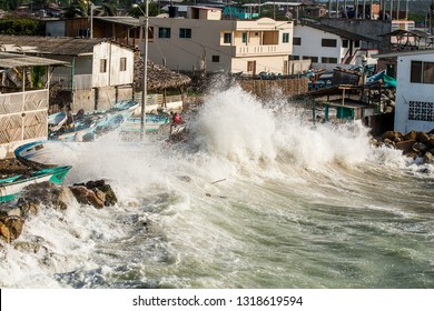 SAN JACINTO, MANABI ECUADOR February 10 2016, High tides, combined with rising sea levels create crashing wave on the coast of Ecuador