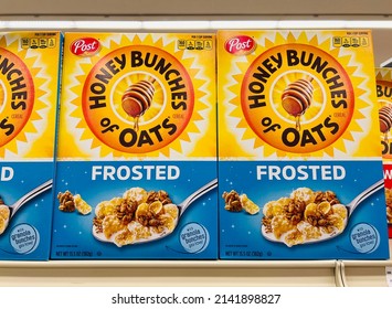 San Jose, CA - April 1, 2022: Boxes Of Honey Bunches Of Oats Breakfast Cereal By Post Company On Store Shelf.