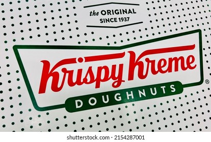 San Jose, CA - April 22, 2022: Close Up Of Krispy Kreme Doughnuts Logo On A Box Of 12 Pcs. 