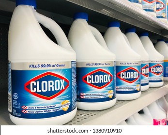 San Jose, CA - April 24, 2019: Clorox bleach on white containers on a store shelf.