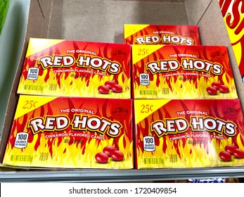 San Jose, CA - April 29, 2020: The Original Red Hots Cinnamon Flavored Candy In Small Compact Boxes. 