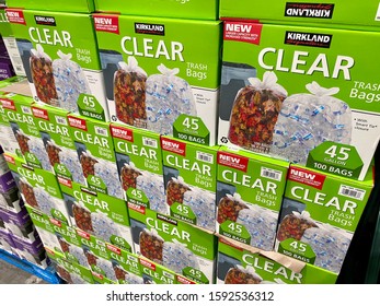 San Jose, CA - December 14, 2019: Kirkland Brand Clear Large Trash Bags In Boxes Inside Costco.