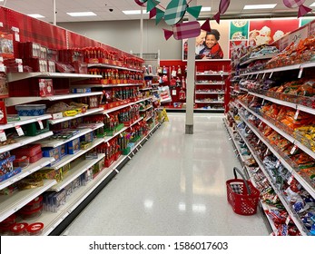 San Jose, CA - December 3, 2019: Target Store Shelves Filled With Products And No People Visible. Seasonal Section Of The Aisles.