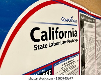 San Jose, CA - December 4, 2019: California State Labor Law Postings Banner Inside A Break Room. ComplyRight Branded.