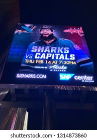 San Jose, CA - Feb. 14, 2019. The San Jose Sharks Play The Washington DC Capitals At The SAP Center Also Known As The “Shark Tank”.