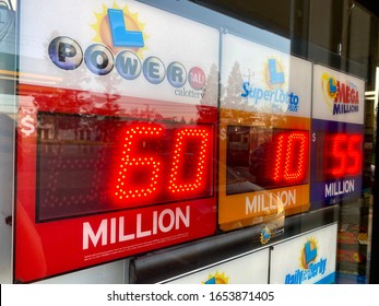 San Jose, CA - February 21, 2020: Closeup Of PowerBall, Supper Lotto And Mega Millions Display Of How Many Millions Are Up For Grabs. 