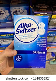 San Jose, CA - January 12, 2020: Man Holding A Box Of Alka Seltzer Inside Costco.