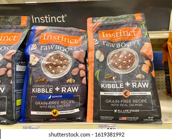 San Jose, CA - January 12, 2020: Instinct Brand Raw Boost High-Protein Kibble And Freeze Dried Raw Mix Of Dog Food. 