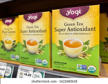 San Jose, CA - January 20, 2020: Yogi Brand Of Green Tea Bags On A Store Shelf Inside Whole Foods Market.