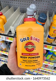 San Jose, CA - January 26, 2020: Orange Bottle Of Gold Bond Body Powder, For Cooling And Itch Relief.