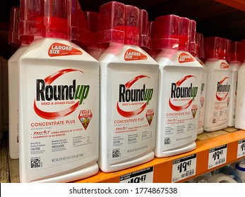 San Jose, CA - July 12, 2020: RoundUp Weed And Grass Killer Concentrate Plus Bottles On Store Shelf By Monsanto Corporation. 