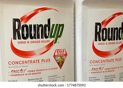 San Jose, CA - July 12, 2020: Close Up Of RoundUp Weed And Grass Killer Concentrate By Monsanto Corporation. 