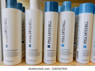 San Jose, CA - July 16, 2022: Closeup Of Paul Mitchell Shampoo Bottles On The Shelf In A Hair Salon.