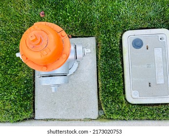 San Jose, CA - June 18, 2022: Freshly Painted Fire Department Access Hydrant On A Lawn.