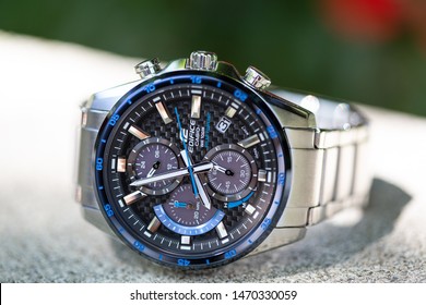 San Jose, CA - June 22, 2019: Closeup Of A New CASIO Edifice Solar Powered Men's Analog Wrist Watch. 