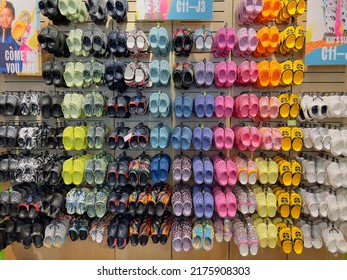 San Jose, CA - June 24, 2022: Colorful Kids Crocs Shoes Inside A Mall Retail Store By The Same Name.