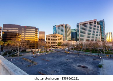San Jose, CA – March 18, 2019: South view of Adobe’s downtown San Jose headquarters and downtown San Jose cityscape view.