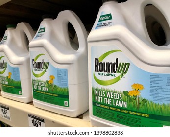 San Jose, CA - May 15, 2019: Closeup Of RoundUp Weed Killer Spray Chemical Containers On The Store Shelf. Manufactured By Monsanto Corporation.