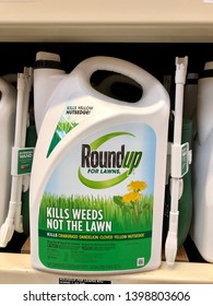 San Jose, CA - May 15, 2019: Closeup Of Large Container Of Round Up Weed Killer On A Store Shelf. Made By Monsanto Corporation.