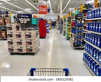 San Jose, CA - May 22, 2019: Empty isles inside a WalMart Supercenter department store. Low price leader and nation's largest department store. 