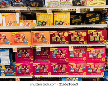 San Jose, CA - May 26, 2022: Boxes Of Small Bags Of Chips On Market Shelf.