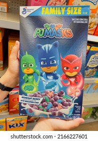 San Jose, CA - May 30, 2022: General Mills Cereal Box With PJ Masks Version Of This Sweetened Corn Puffs.