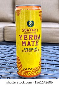 San Jose, CA - November 15, 2019: A Skinny Can Of Yerba Mate By Guayaki Brand, Sparkling Classic Gold Flavor.