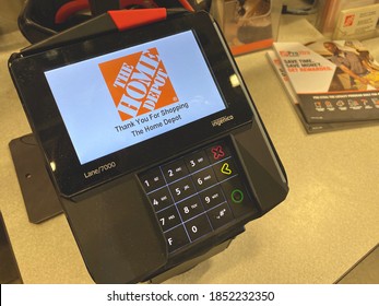 San Jose, CA - November 2, 2020: Ingenico Lane 7000 automated payment processing station at Home Depot store.