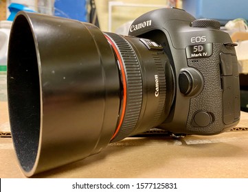 San Jose, CA - November 28, 2019: Closeup Of Canon EOS Full Frame Digital SLR Camera 5D Mark IV On Top Of A Box.