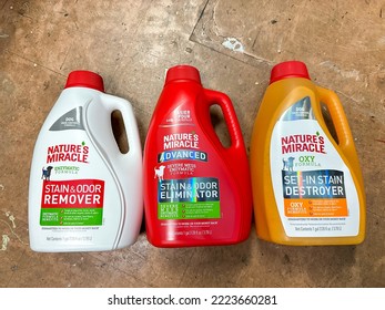 San Jose, CA - October 21, 2022: 3 Large Containers Of Natures Miracle Pet Stain And Odor Remover Enzymes.