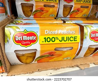 San Jose, CA - October 21, 2022: Del Monte Diced Peaches In Juice Fruit Cups.