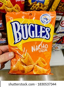 San Jose, CA - October 6, 2020:￼ A Small Bag Of Bugles Cone Shaped Nacho Cheese Chips￼.