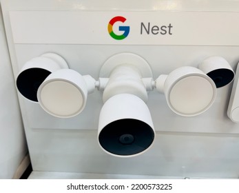 San Jose, CA - September 10, 2022: Google Nest Flood Light With Camera On Display Inside A Big Box Store.