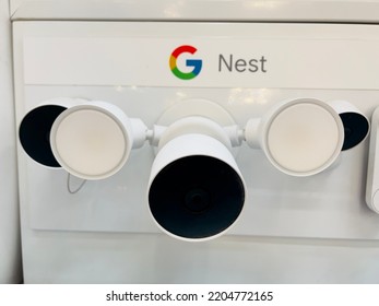 San Jose, CA - September 10, 2022: Google Nest Flood Light Camera On Display Inside A Big Box Store.