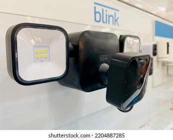 San Jose, CA - September 10, 2022: Closeup Of Black Blink Security Video Camera On Display Inside A Big Box Store.