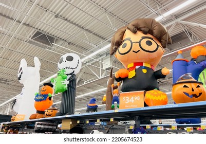 San Jose, CA - September 17, 2022: Air Filled Ghosts And A Harry Potter Doll On Display Inside Big Box Store For Halloween.