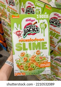 San Jose, CA - September 28, 2022: Large Box Of Nickelodeon, Apple Jacks Slime Cereal That Turns Milk Green.