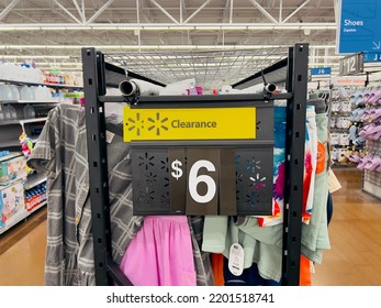 San Jose, CA - September 9, 2022: Clearance Rack With Kids Clothing For Sale At $6 Each, At Wal Mart Store.